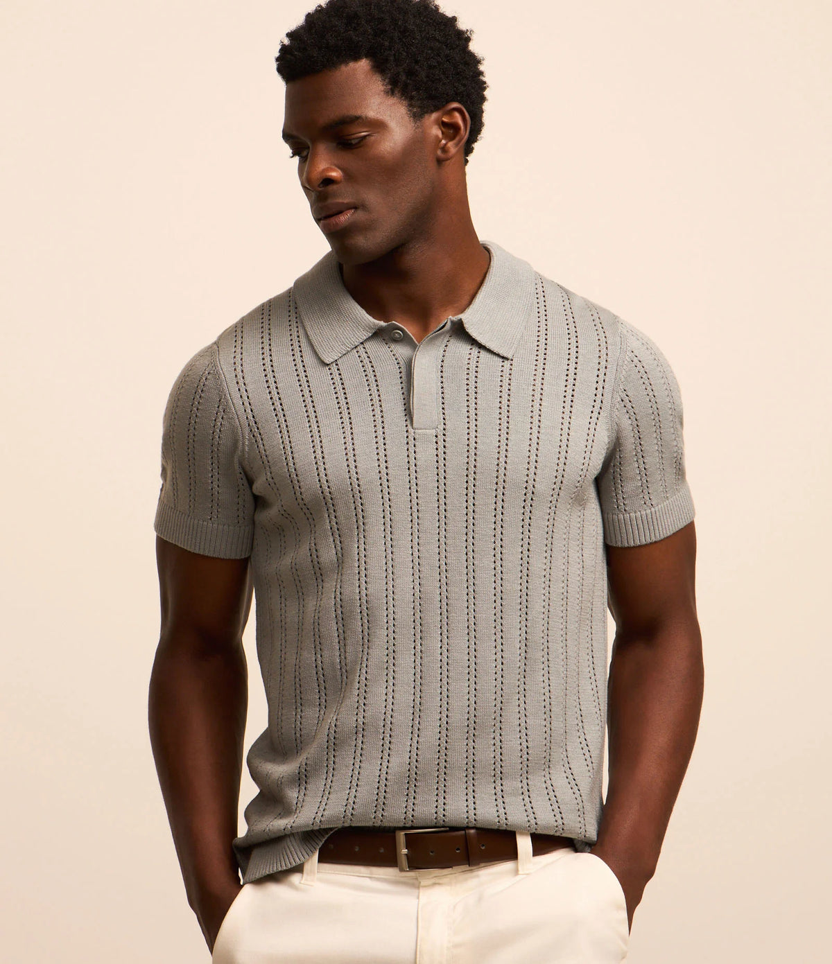Camisa Polo Regular em Algodão | com Textura Retilínea Cinza