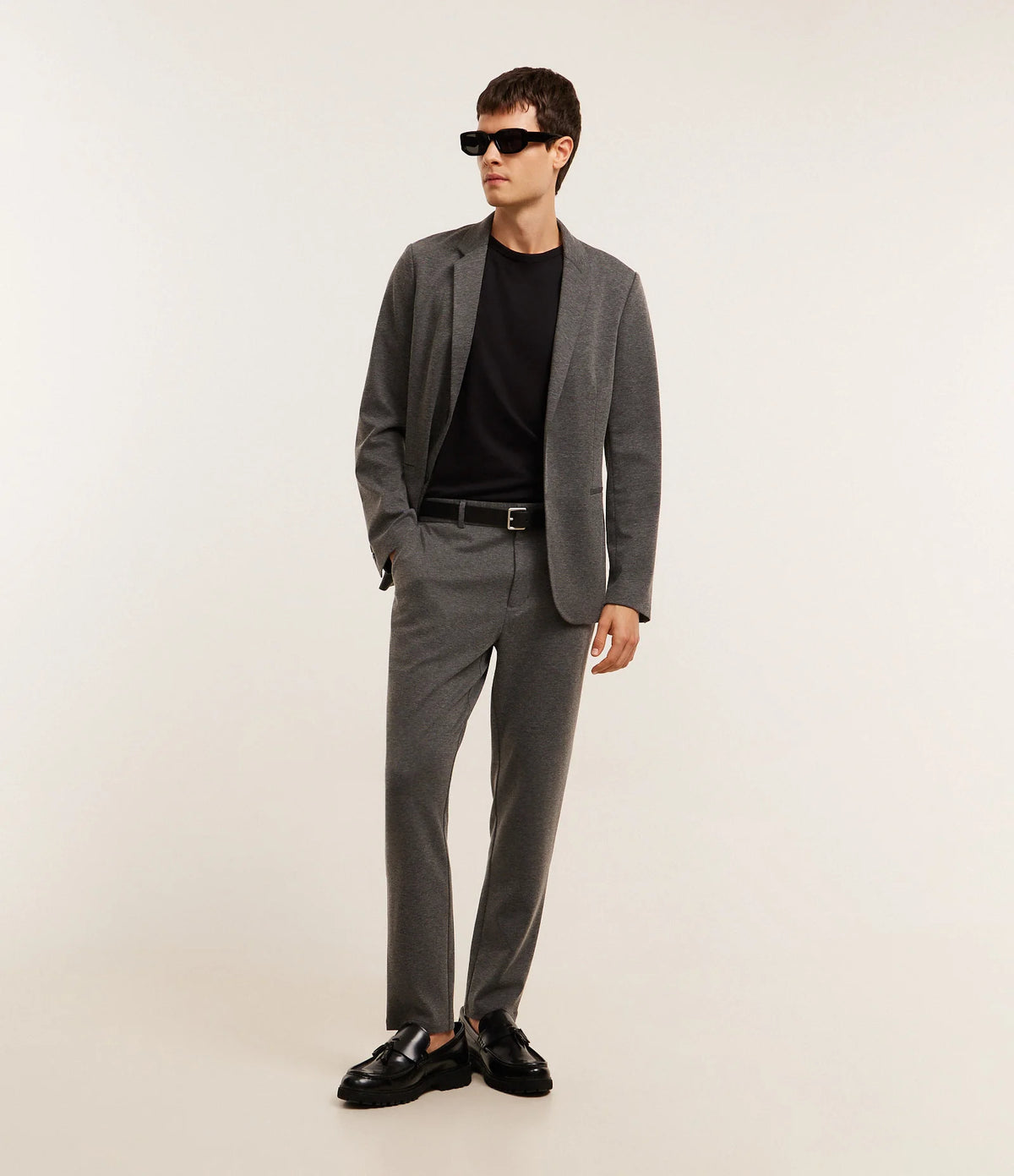 Calça Slim de Malha | Cós Meio Elástico Cinza Escuro