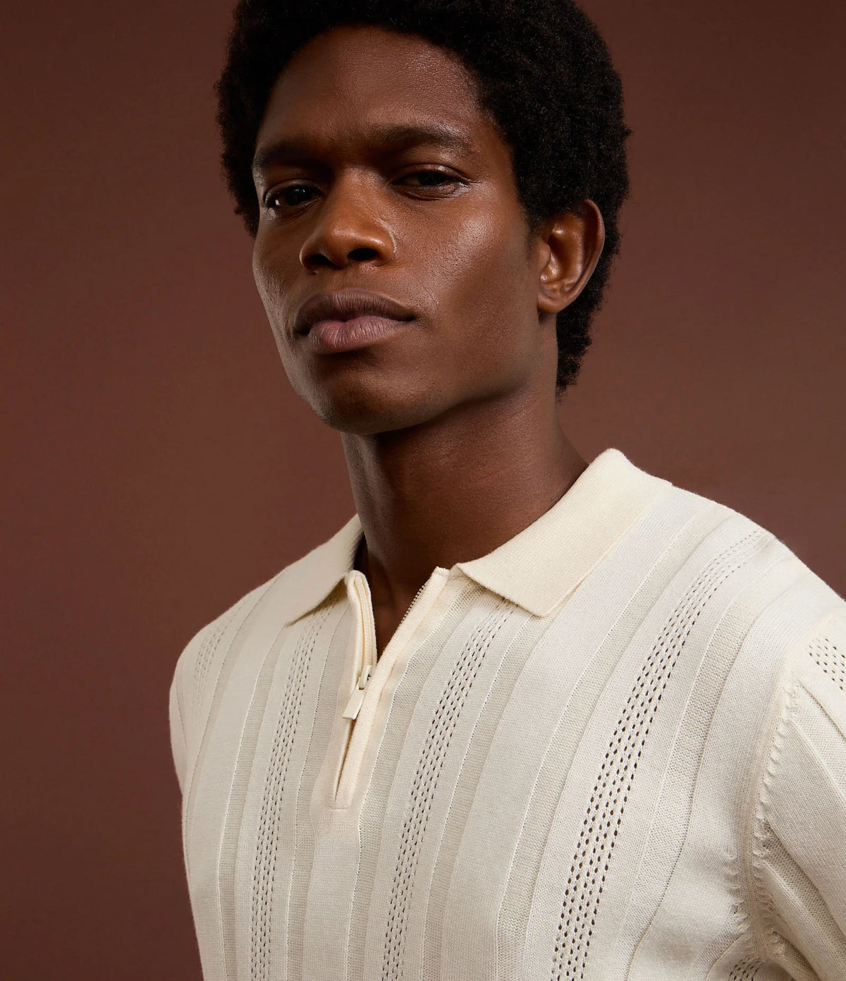 Camisa Gola Polo com Zíper em Algodão Texturizada Bege