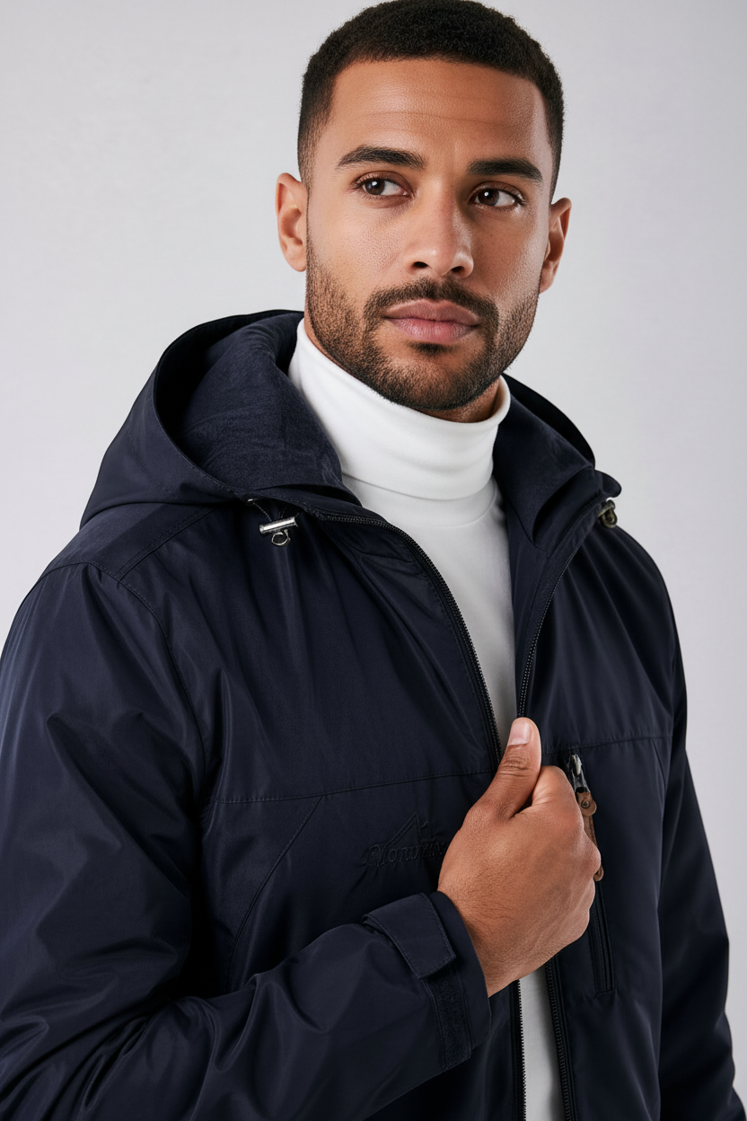 Homem vestindo jaqueta corta vento azul marinho impermeável Habitat Masculino com capuz e zíper sobre gola alta branca