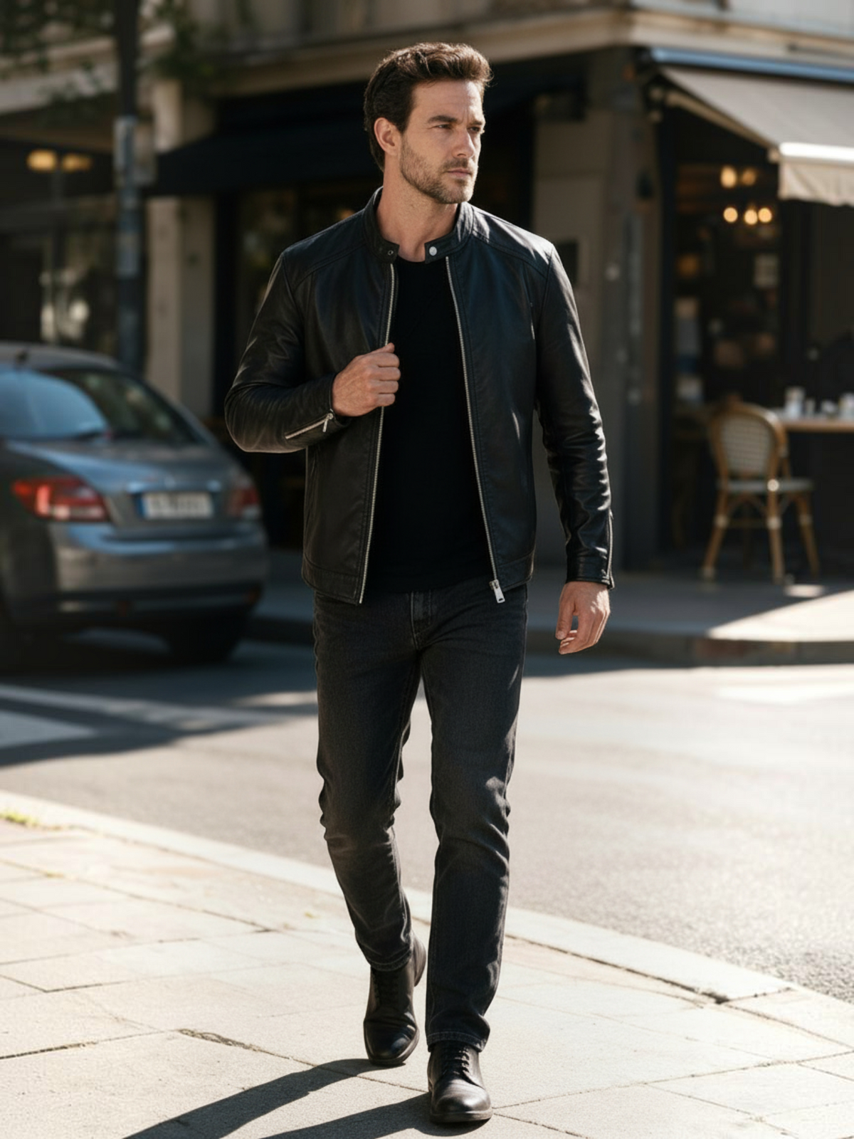 Homem vestindo jaqueta Habitat Masculino de couro preta estilo biker slim com zíper prateado em ambiente urbano
