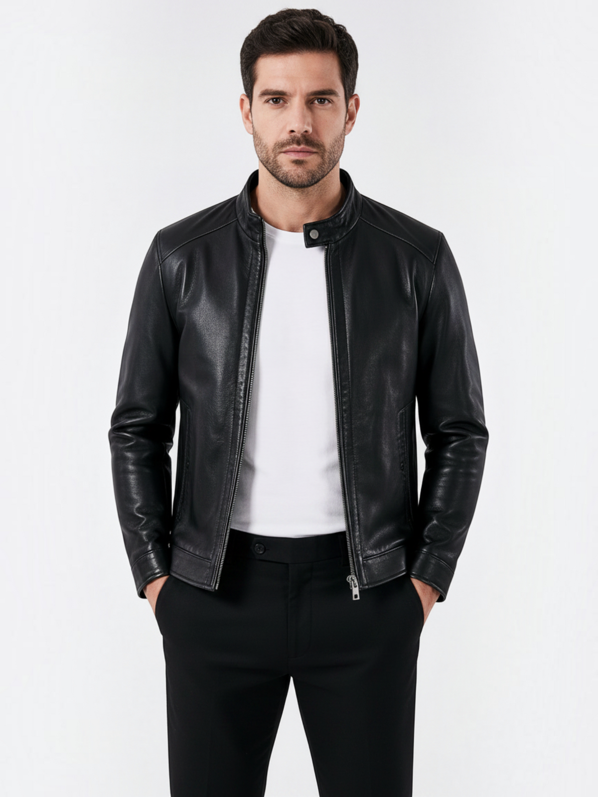 Modelo vestindo jaqueta masculina de couro PU preta Habitat Masculino com colarinho estruturado e zíper frontal