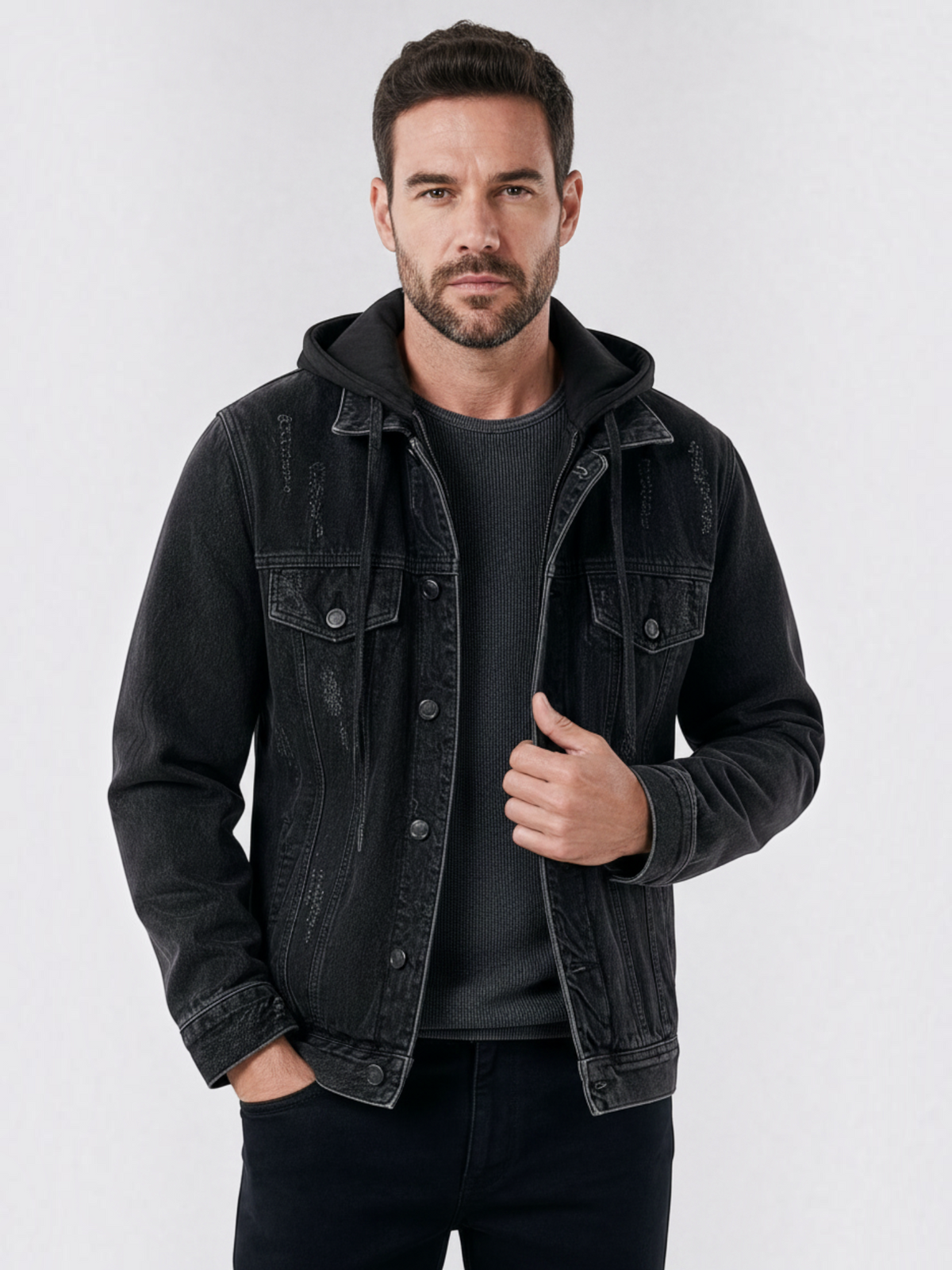 Jaqueta jeans preta Habitat Masculino estilo trucker com capuz, lavagem desgastada e detalhes rasgados em modelo