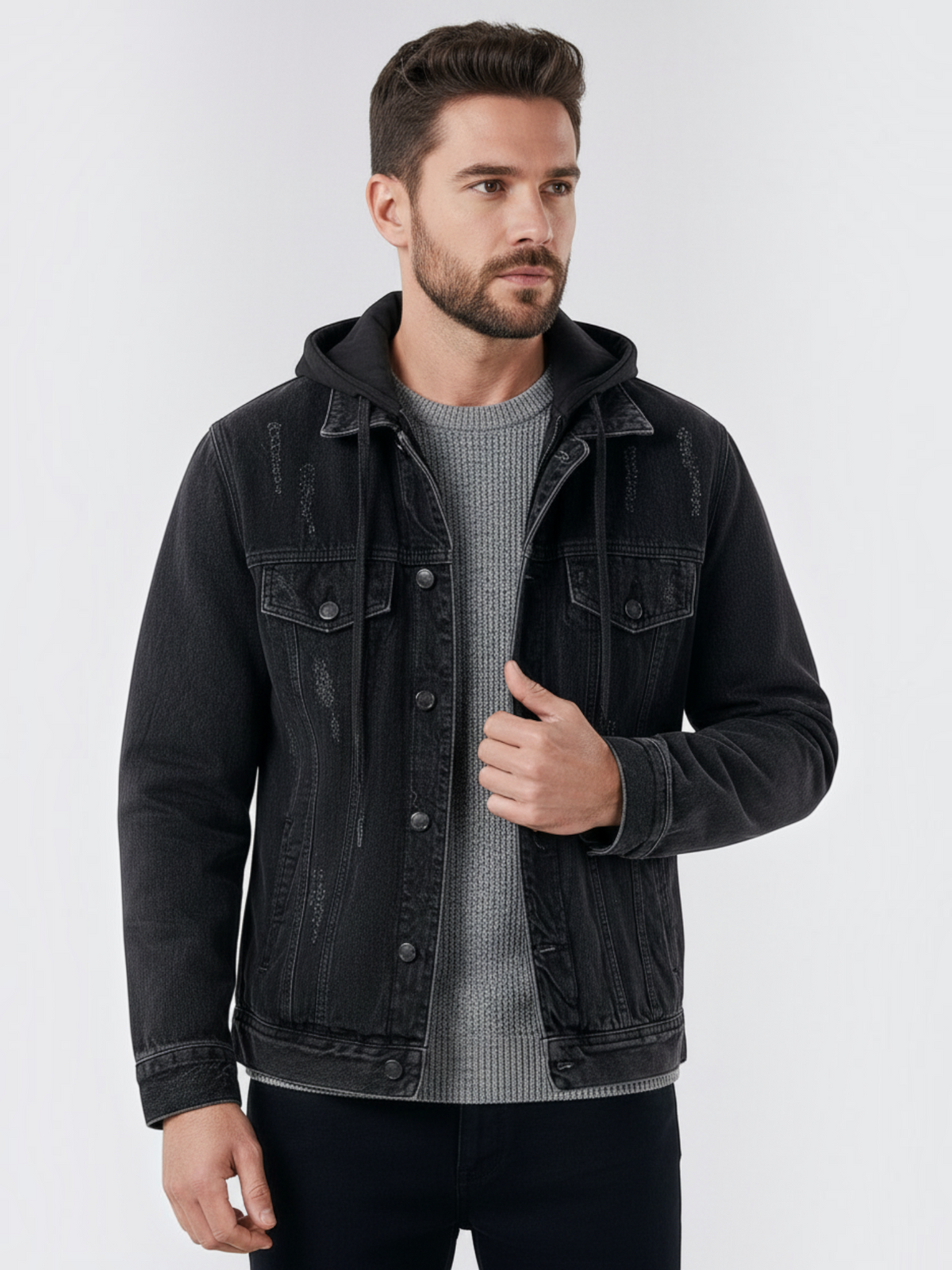 Modelo veste jaqueta jeans preta Habitat Masculino estilo trucker com capuz, detalhes desgastados e bolsos frontais.