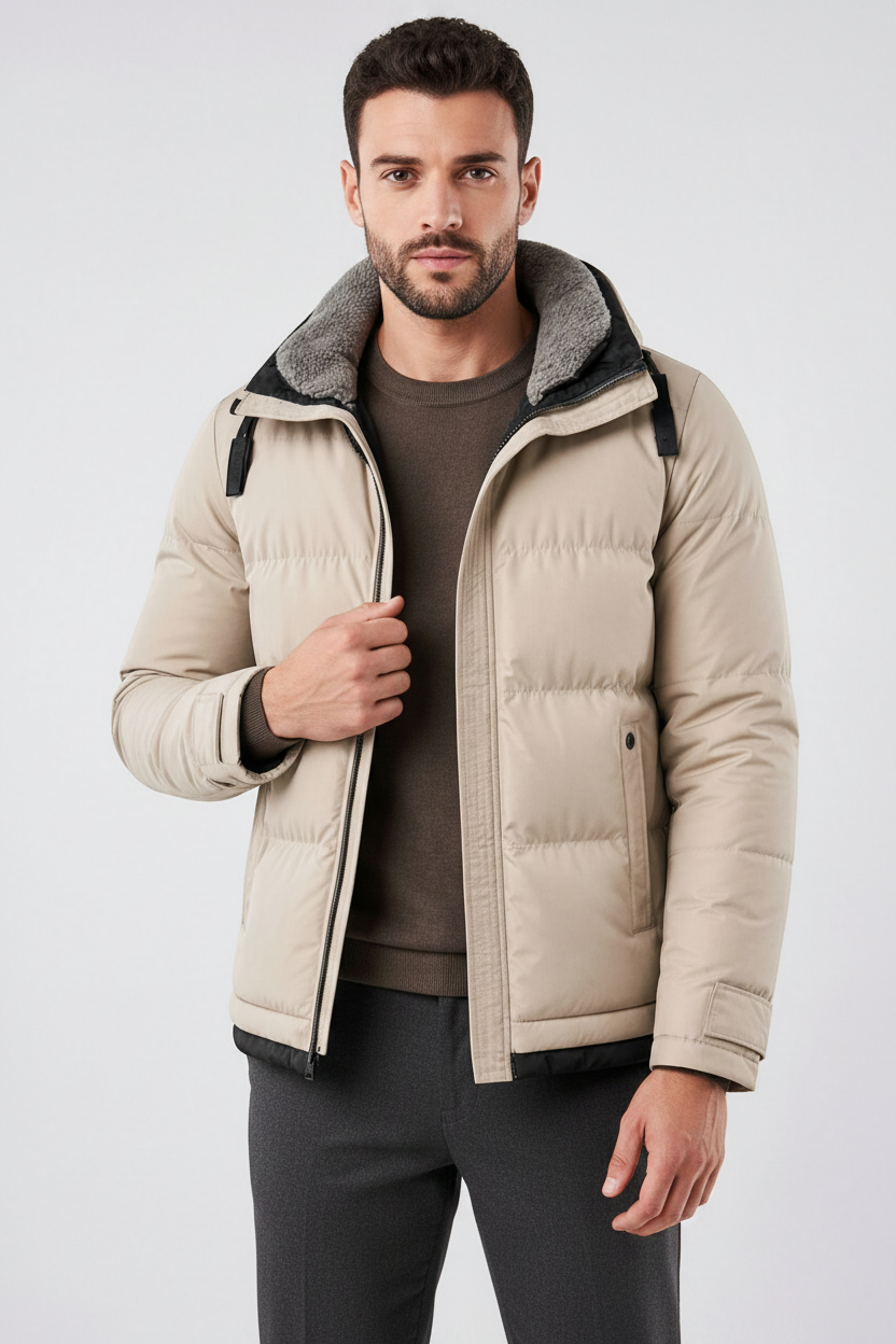 Modelo vestindo jaqueta puffer bege Habitat Masculino com capuz forrado, zíper revestido e design urbano funcional.
