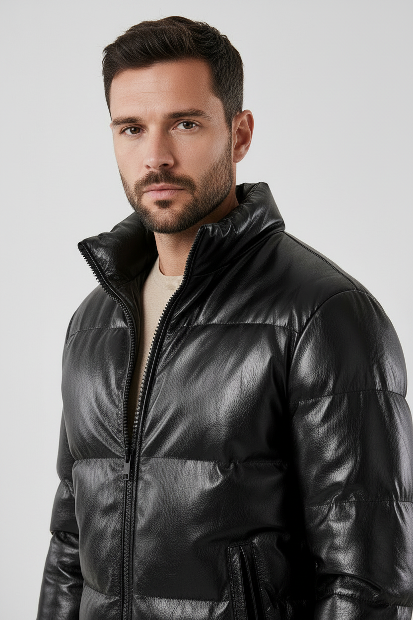 Homem vestindo jaqueta puffer preta Habitat Masculino com gola alta e fechamento em zíper, visual elegante e moderno.