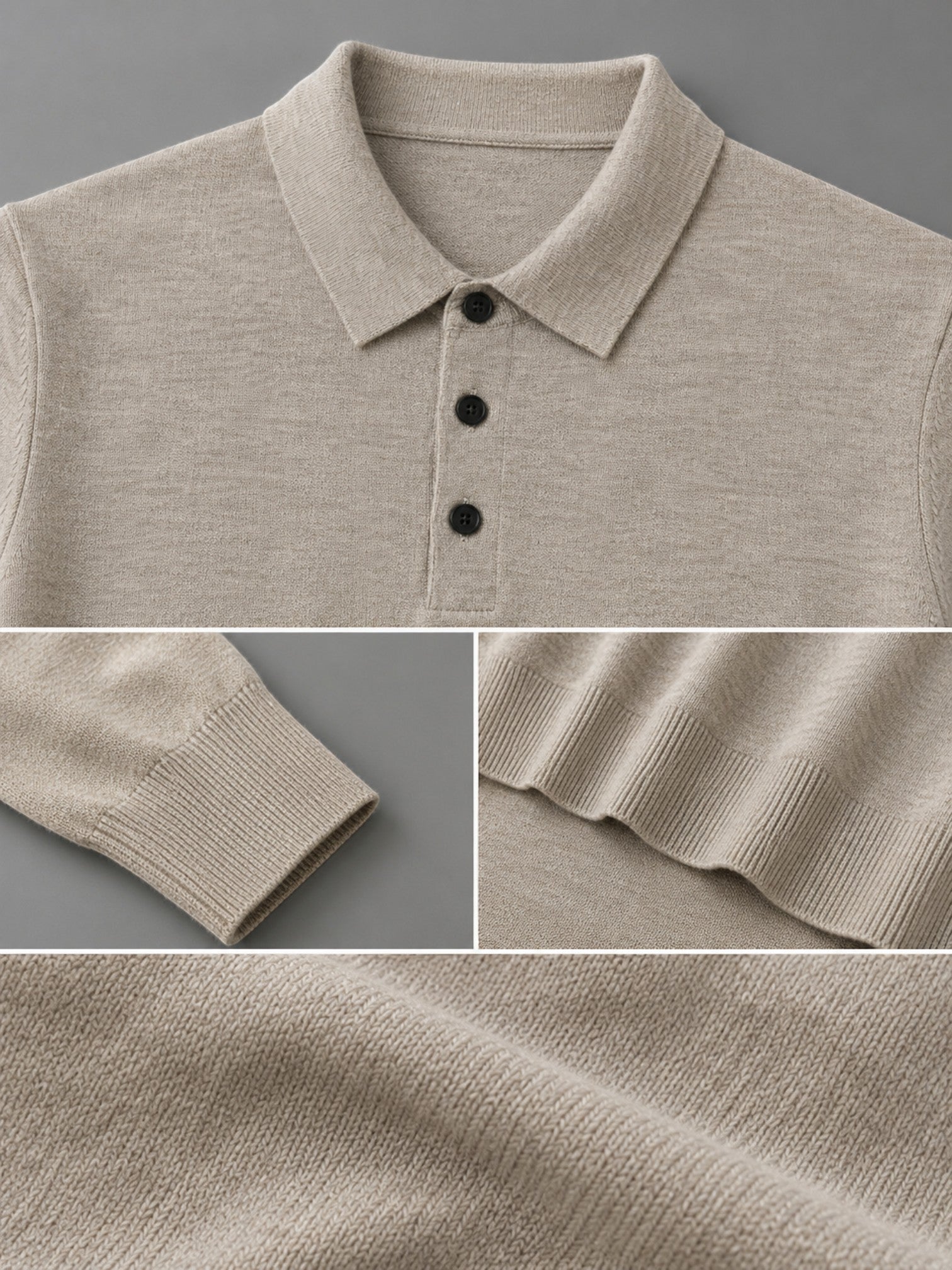 Camisa polo Habitat Masculino Monza em tricot bege de manga longa com botões escuros e textura refinada
