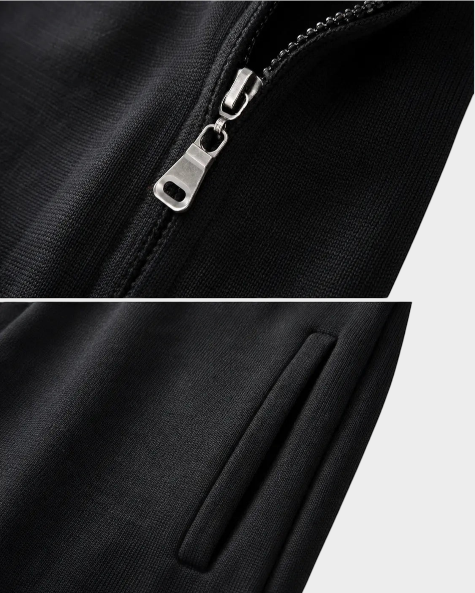 Detalhe do zíper metálico e bolso lateral do Cardigan Habitat Masculino Bellagio em tecido preto de algodão