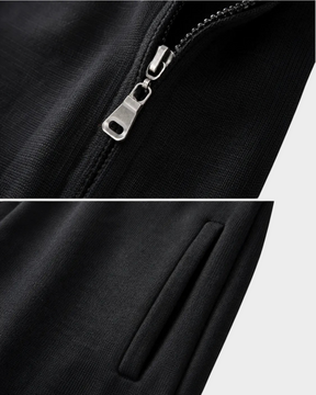 Detalhe do zíper metálico e bolso lateral do Cardigan Habitat Masculino Bellagio em tecido preto de algodão