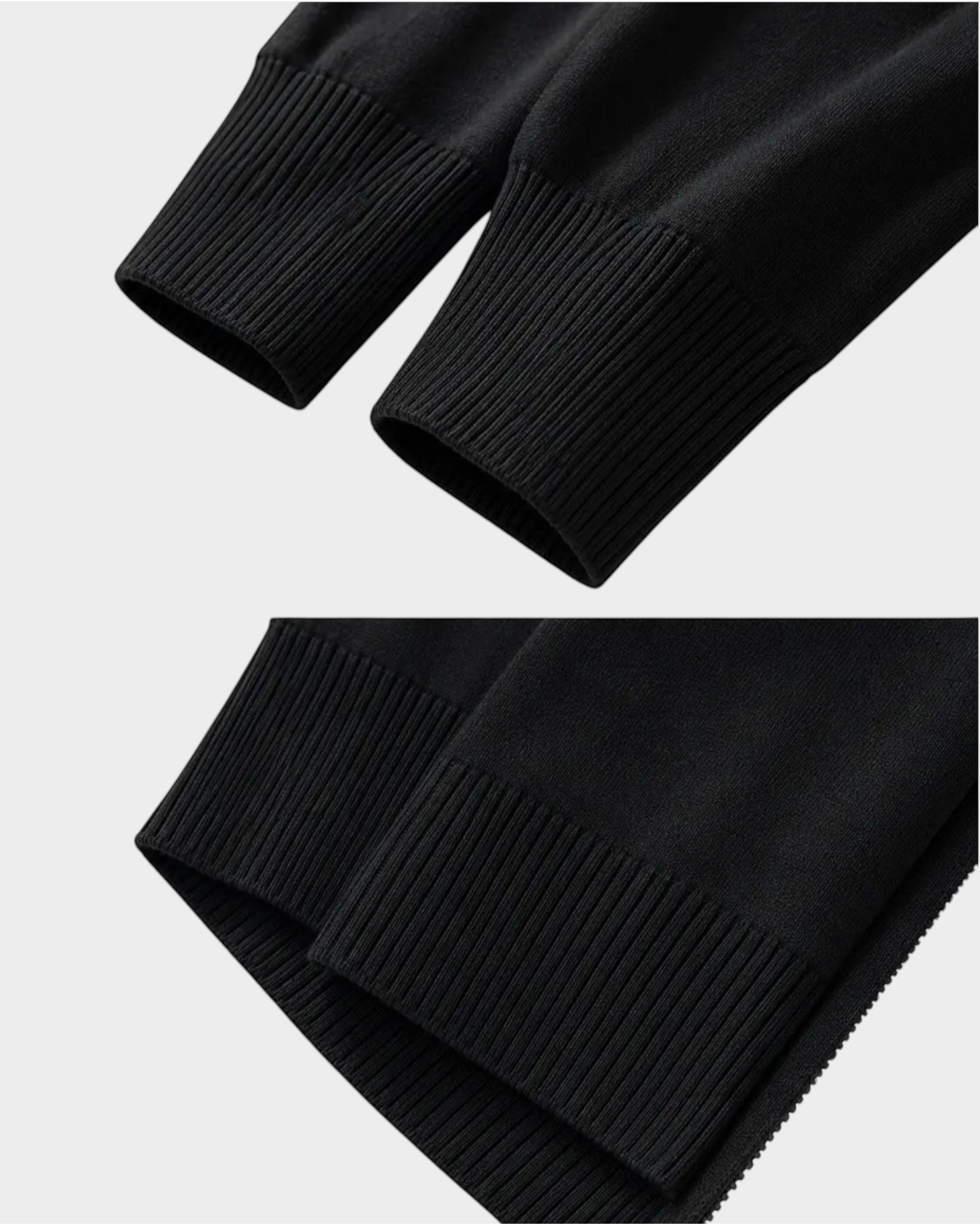 Detalhe dos punhos canelados pretos do Cardigan Habitat Bellagio em algodão com elastano