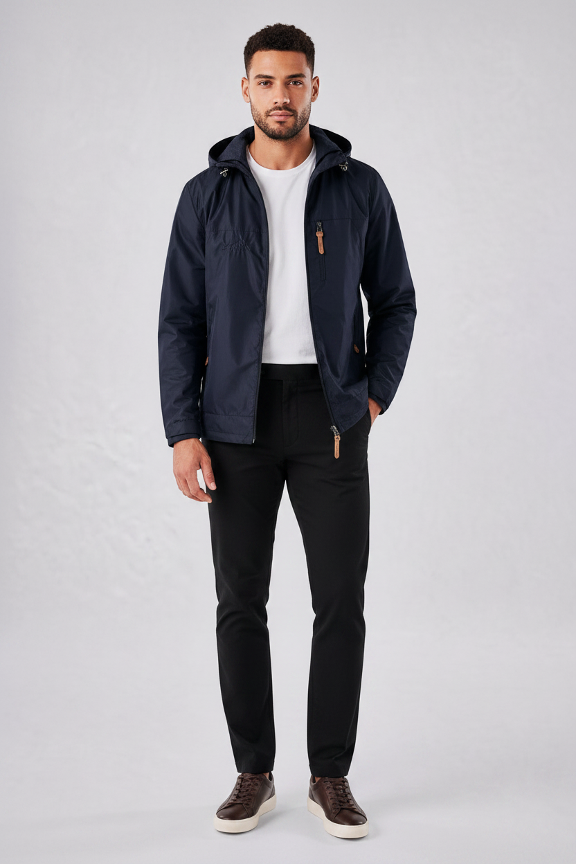 Modelo vestindo jaqueta corta vento azul marinho impermeável Habitat Masculino com capuz e zíper sobre camiseta branca