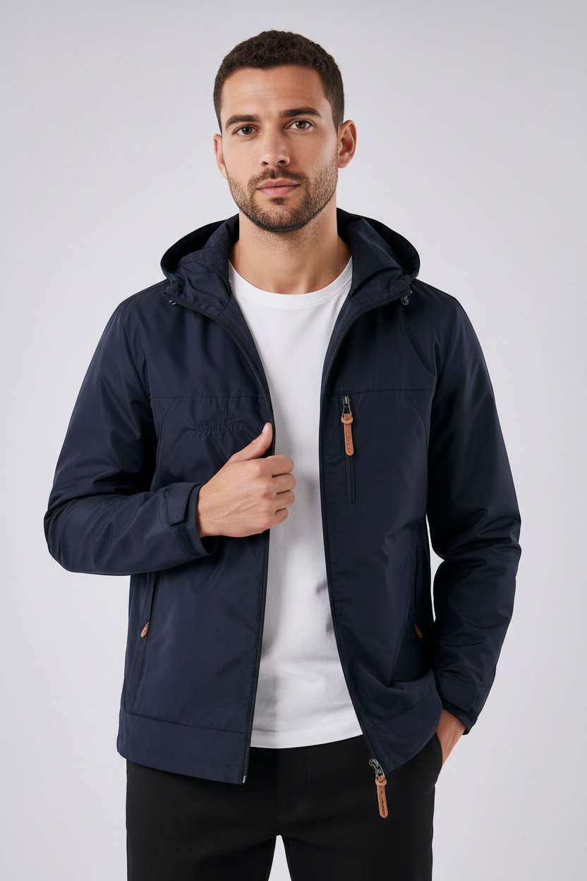 Modelo vestindo jaqueta corta vento azul marinho impermeável Habitat Masculino com capuz removível e zíperes