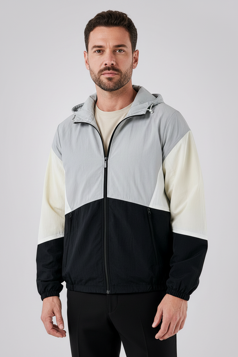 Jaqueta corta vento Habitat Masculino em poliéster com capuz, design color block em cinza, off-white e preto.