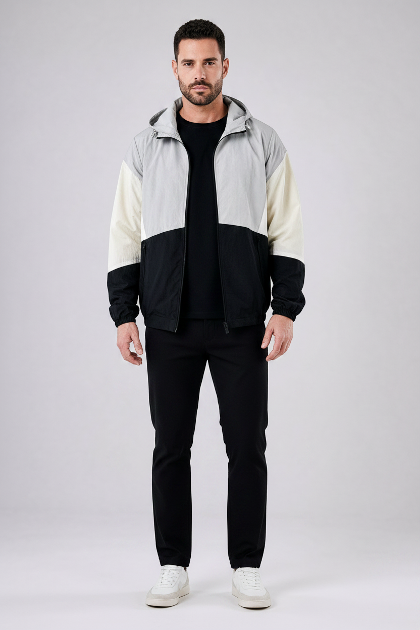 Jaqueta corta vento Habitat Masculino em poliéster com capuz, design tricolor em cinza, off-white e preto.