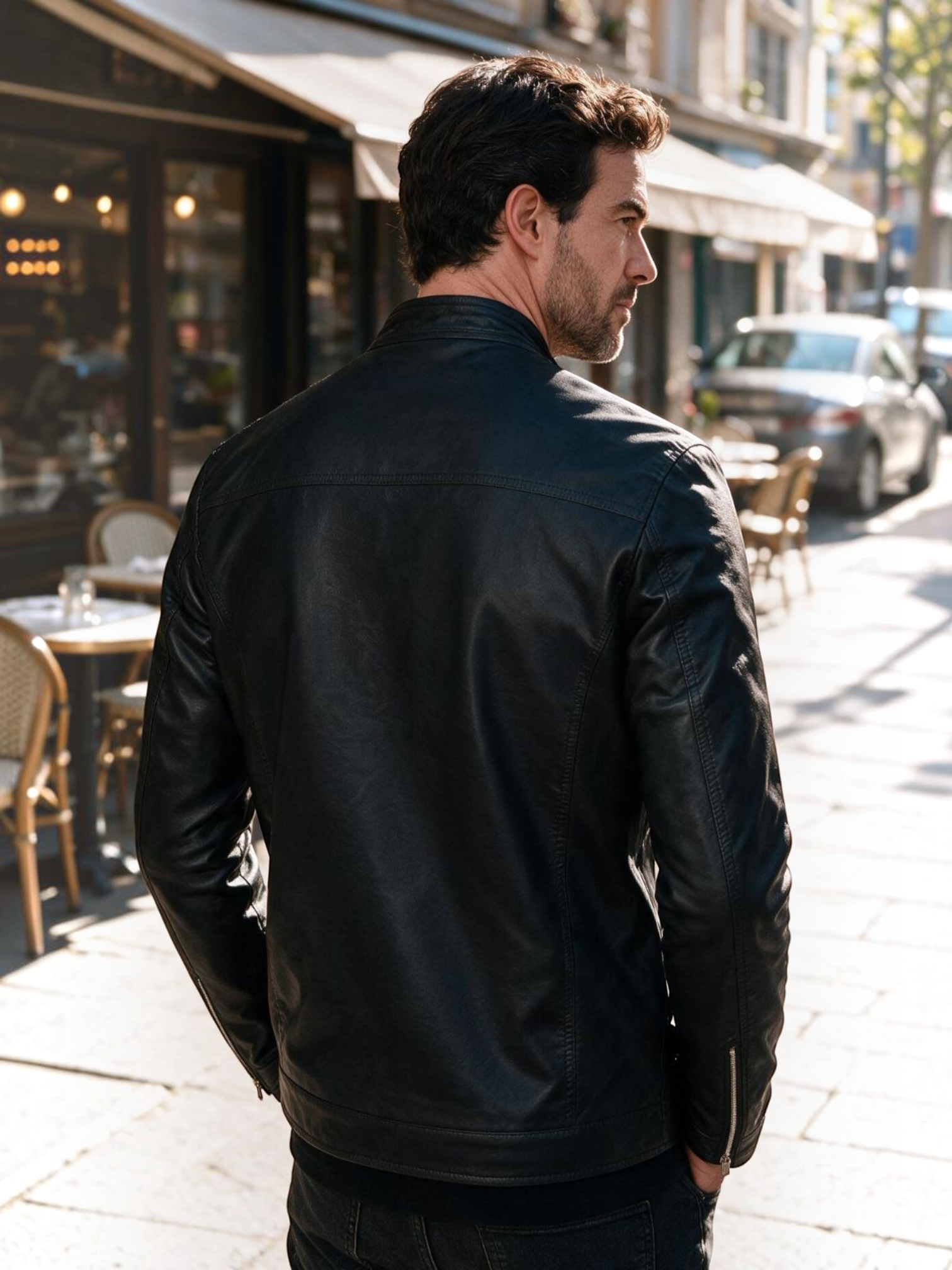 Homem vestindo jaqueta Habitat Masculino biker slim de couro preta com gola banda, vista de costas em ambiente urbano.