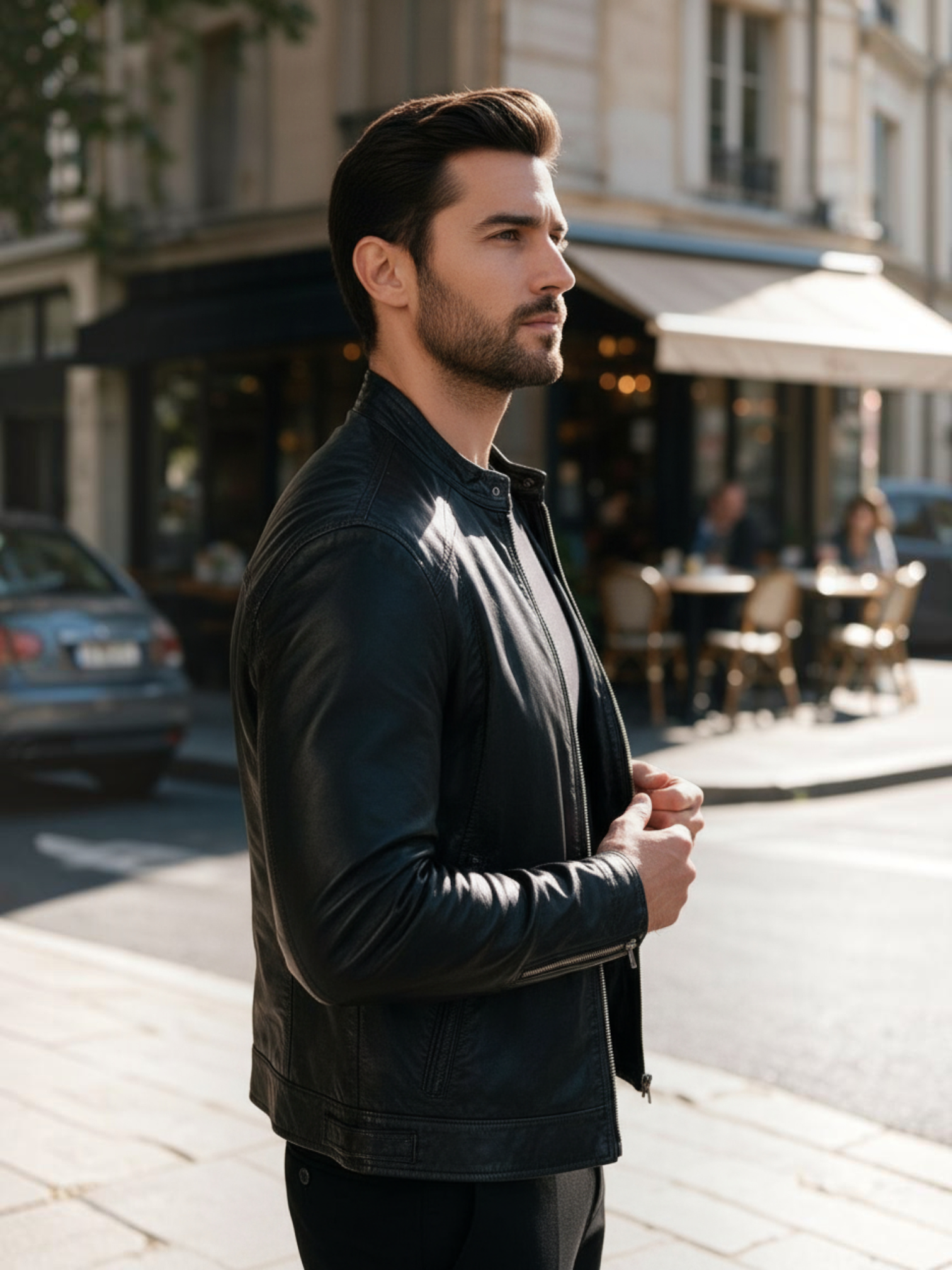 Homem vestindo jaqueta Habitat Masculino preta de couro estilo biker com modelagem slim em cenário urbano