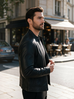 Homem vestindo jaqueta Habitat Masculino preta de couro estilo biker com modelagem slim em cenário urbano