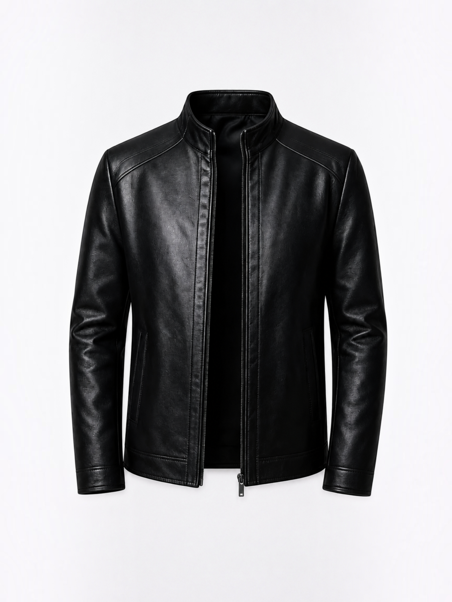 Jaqueta masculina Habitat Masculino Keanu em couro PU preto com superfície lisa, colarinho estruturado e zíper frontal