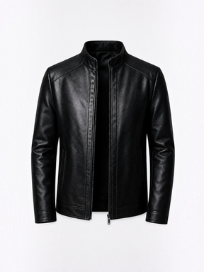 Jaqueta masculina Habitat Masculino Keanu em couro PU preto com superfície lisa, colarinho estruturado e zíper frontal