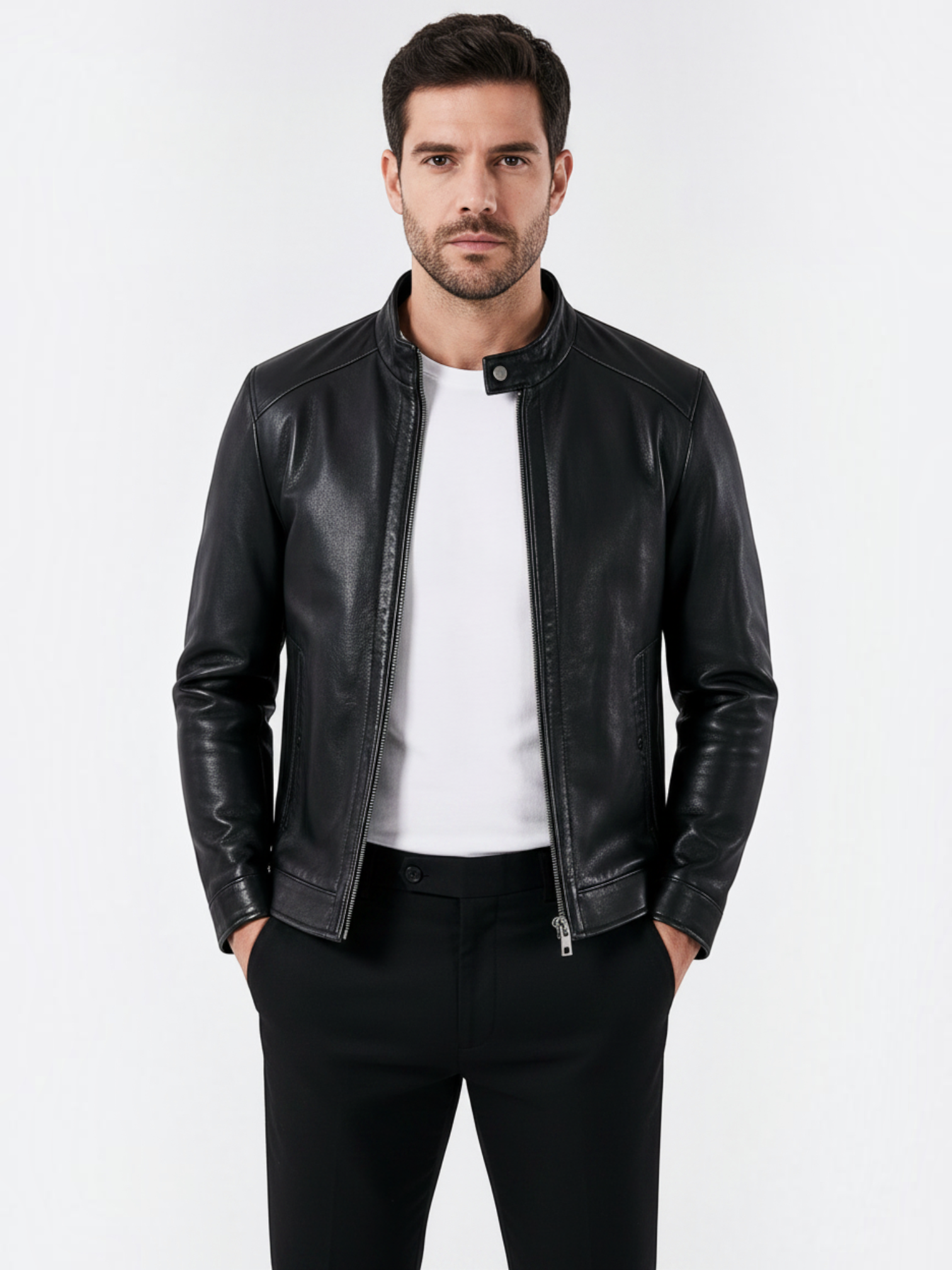 Modelo vestindo jaqueta masculina de couro PU preta Habitat Masculino com colarinho estruturado e zíper frontal