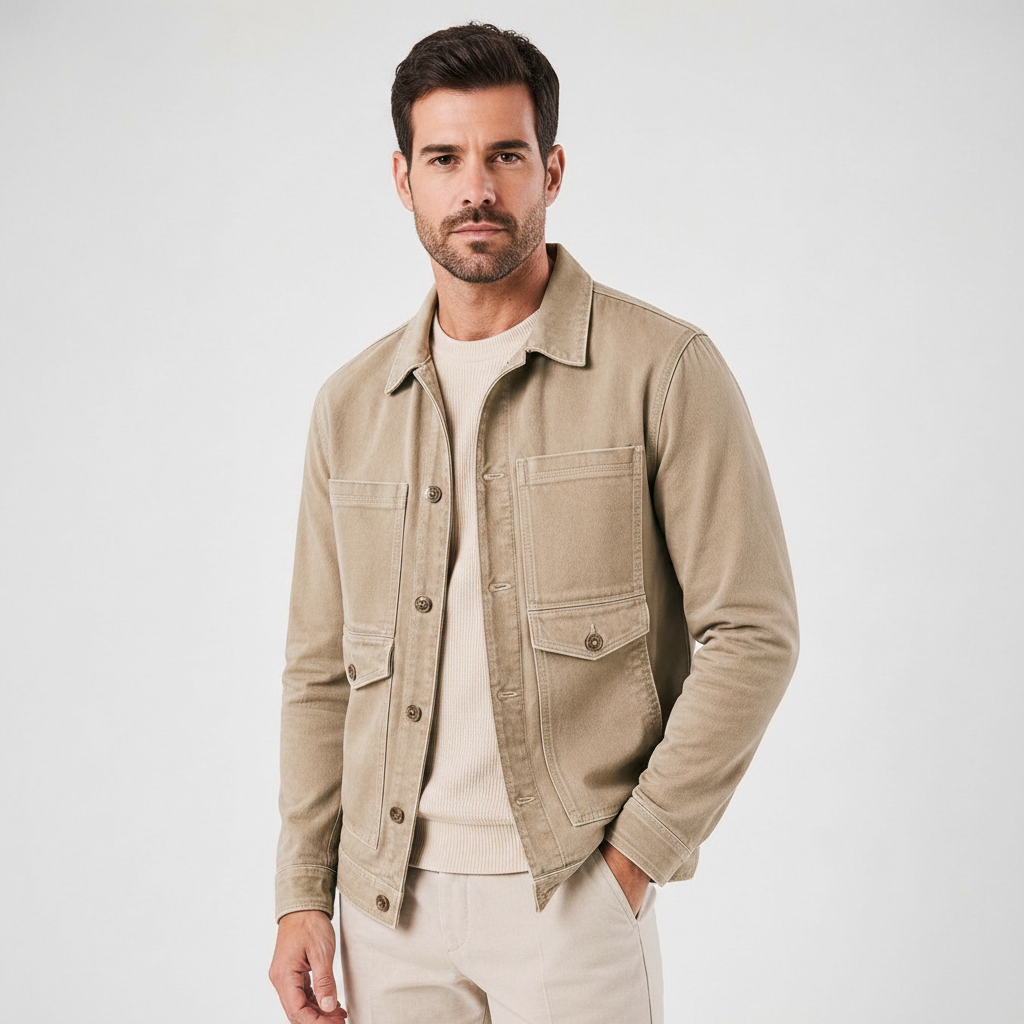 Modelo vestindo jaqueta jeans cáqui Habitat Masculino com colarinho clássico e fechamento por botões