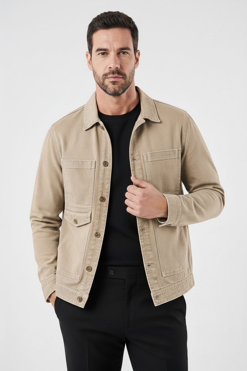 Modelo vestindo jaqueta jeans cáqui Habitat Masculino com colarinho clássico, bolsos frontais e fechamento por botões.