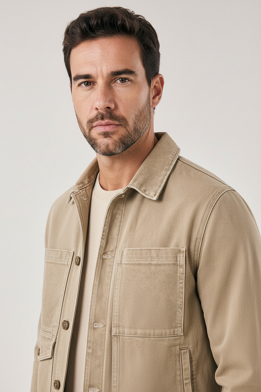 Modelo vestindo jaqueta jeans cáqui Habitat Masculino com colarinho clássico e fechamento por botões frontais