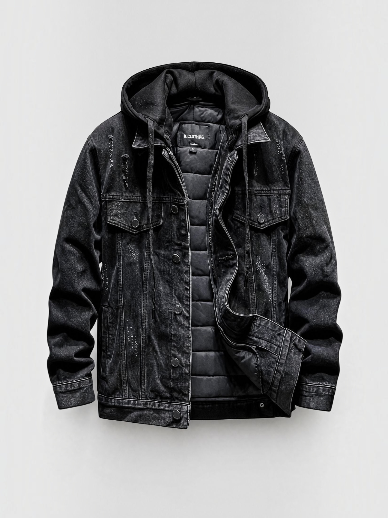 Jaqueta jeans preta Habitat Masculino estilo trucker com capuz, forro acolchoado e detalhes desgastados.