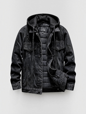 Jaqueta jeans preta Habitat Masculino estilo trucker com capuz, forro acolchoado e detalhes desgastados.