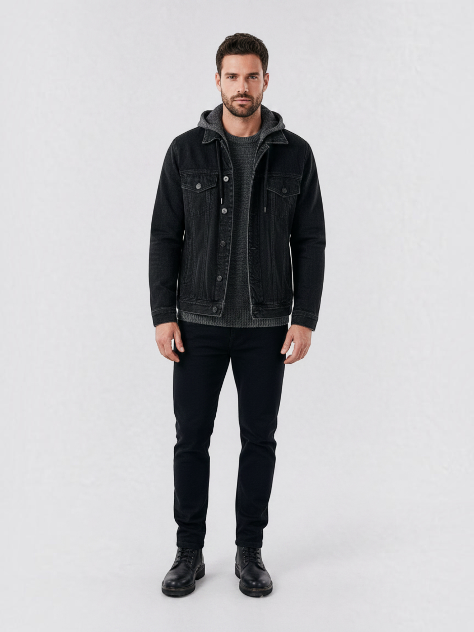 Modelo vestindo jaqueta jeans preta Habitat Masculino estilo trucker com capuz cinza e detalhes desgastados