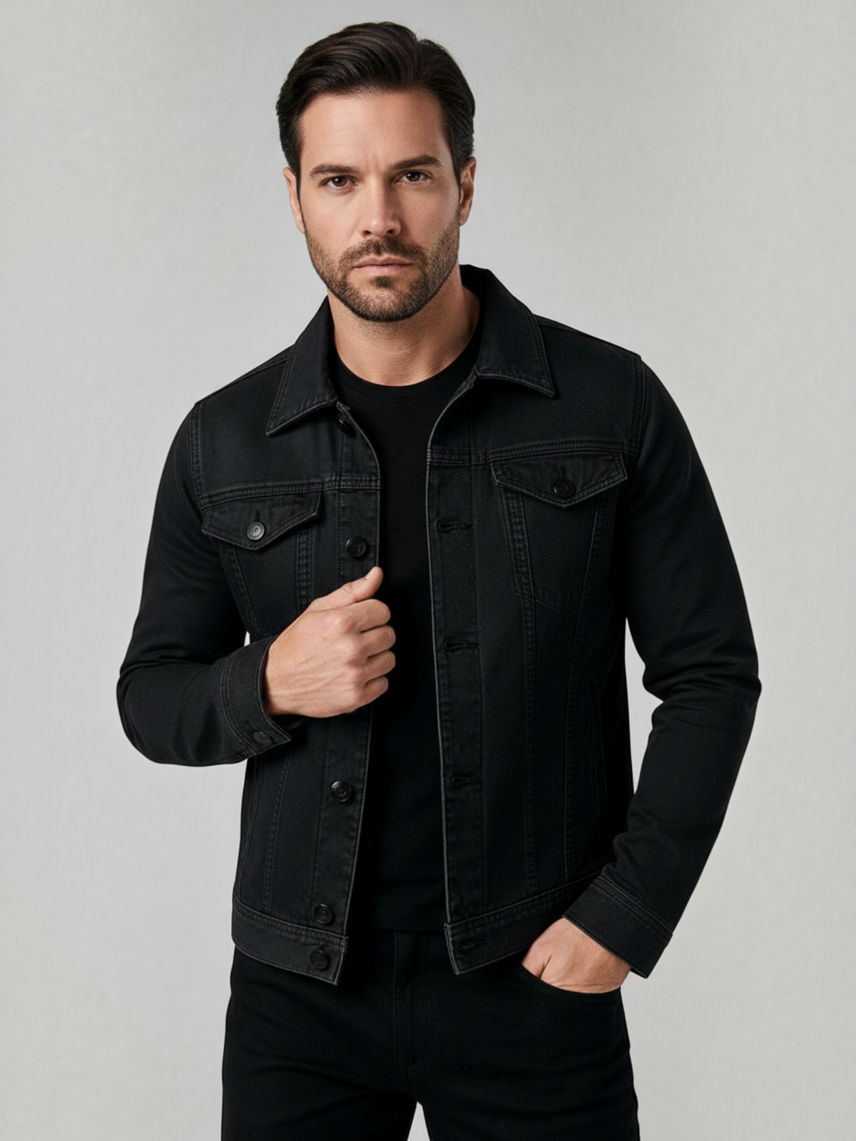 Homem vestindo jaqueta jeans preta slim Habitat Masculino com bolsos no peito e fechamento por botões frontais.