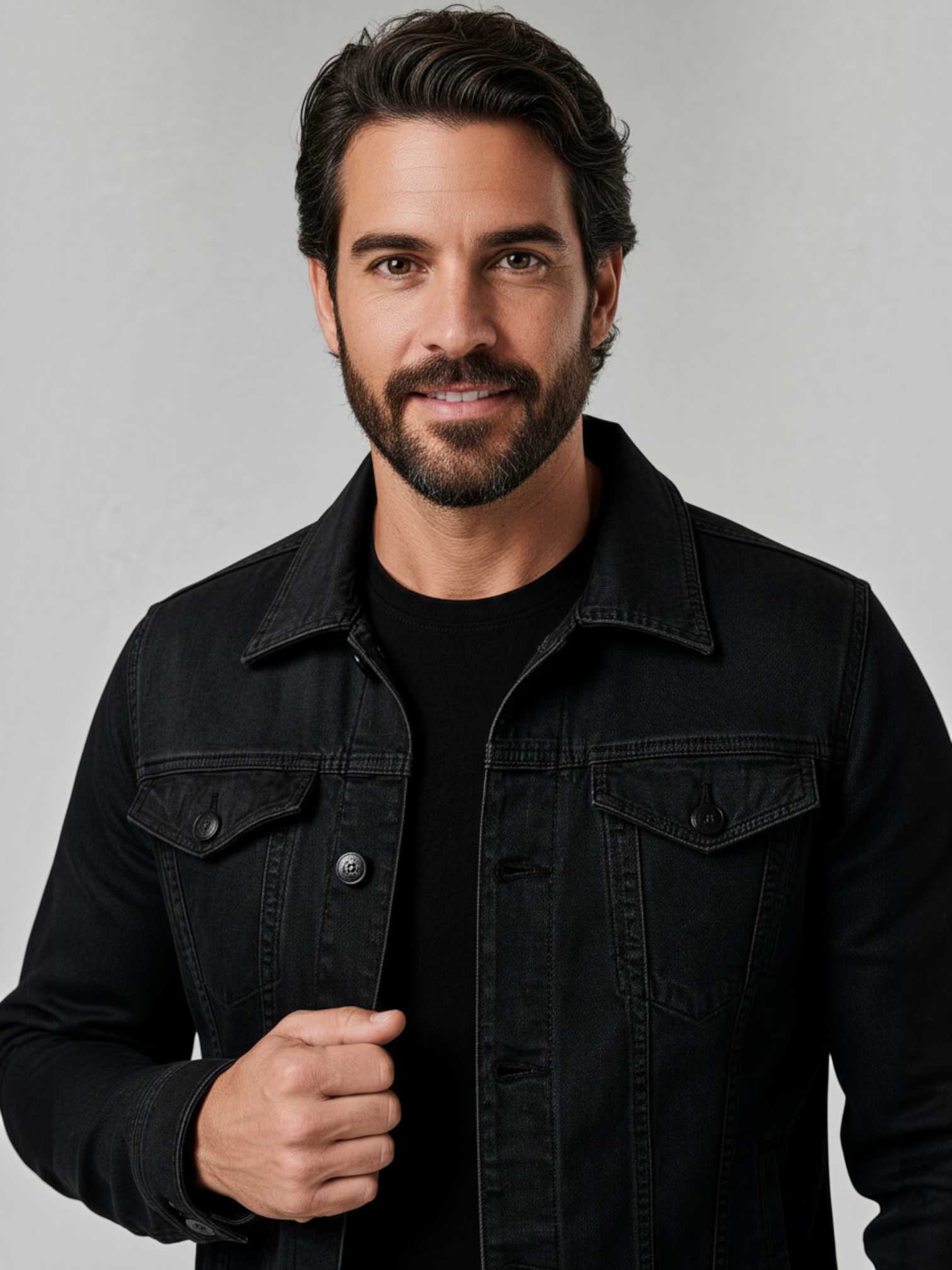 Homem vestindo jaqueta jeans preta slim Habitat Masculino com bolsos no peito e fechamento por botões frontais