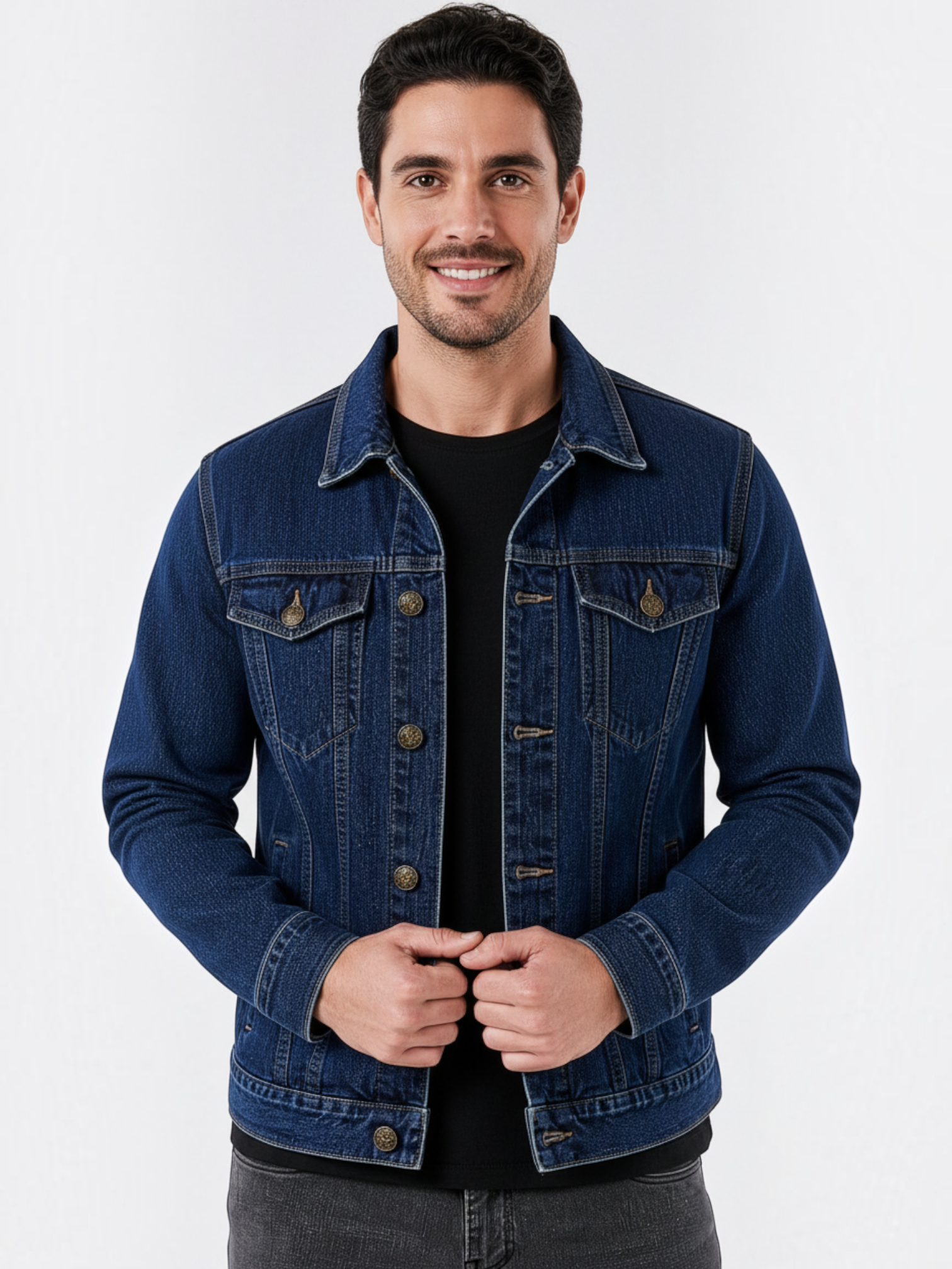 Homem vestindo jaqueta jeans Habitat Masculino estilo trucker azul escuro com bolsos no peito e botões bronzeados