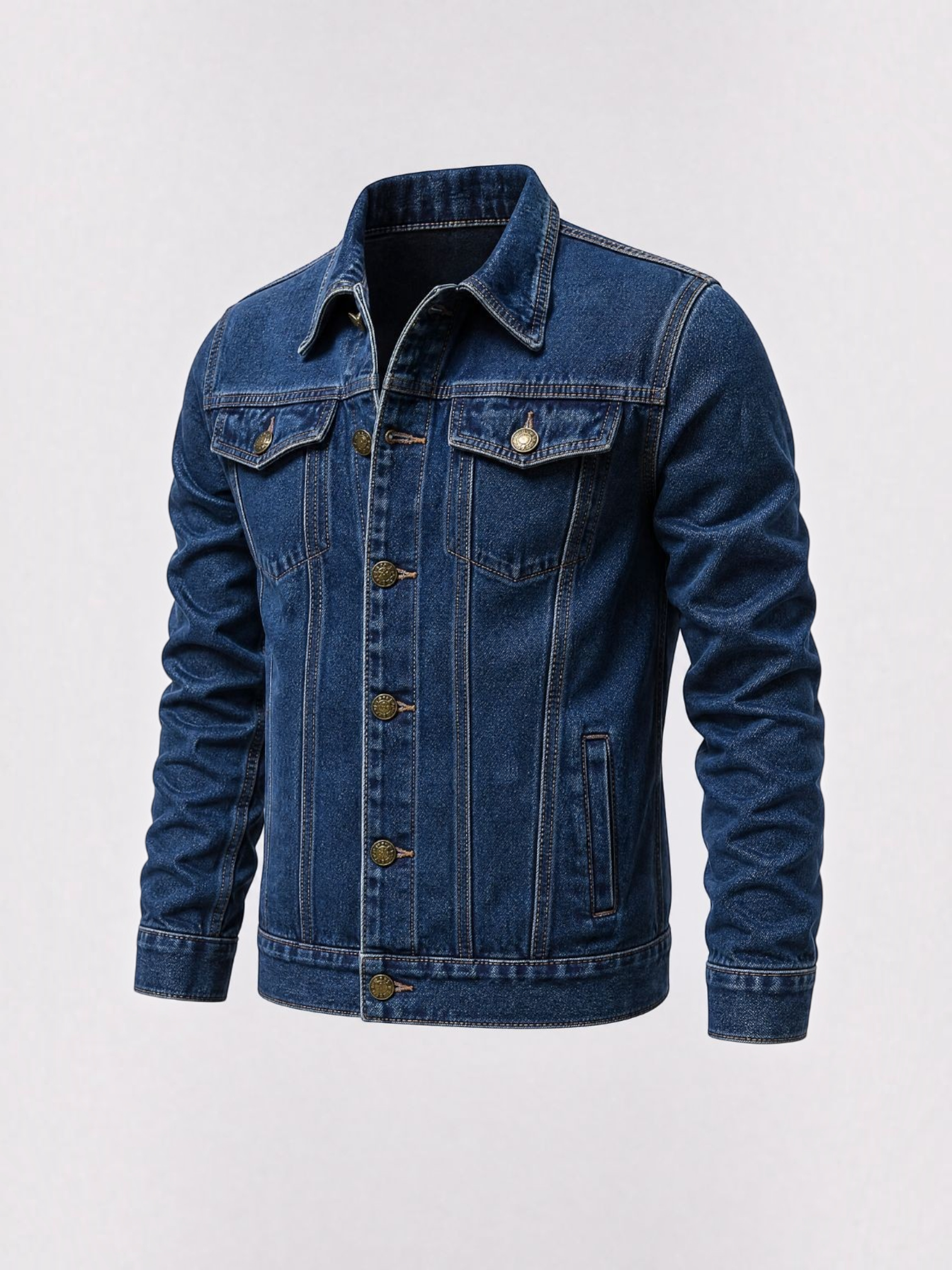 Jaqueta jeans masculina Habitat Masculino estilo trucker azul com bolsos no peito e botões bronzeados