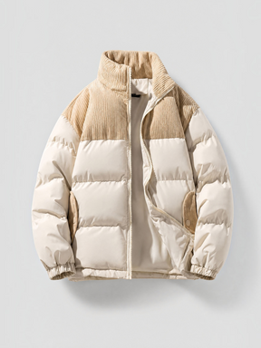 Jaqueta puffer Habitat Masculino bege com detalhes em veludo cotelê, gola alta, fechamento em zíper e forro em lã.