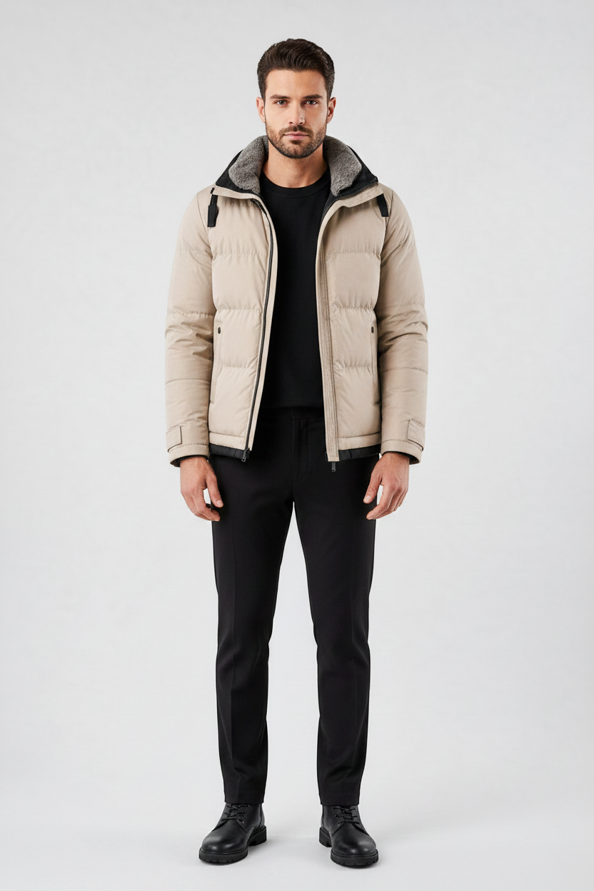 Modelo vestindo jaqueta puffer bege Habitat Masculino com capuz, zíper revestido e forro interno, sobre look casual.
