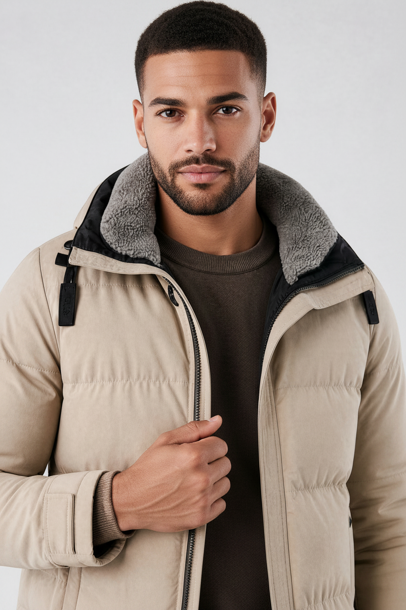 Modelo veste jaqueta puffer bege Habitat Masculino com gola alta cinza, zíper revestido e capuz, estilo urbano.