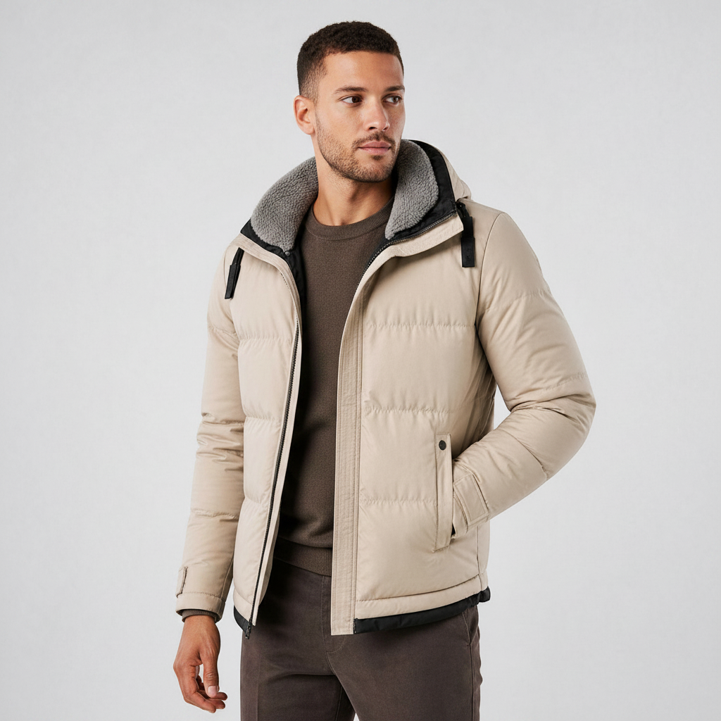 Homem vestindo jaqueta puffer bege Habitat Masculino com capuz, zíper revestido e forro interno cinza