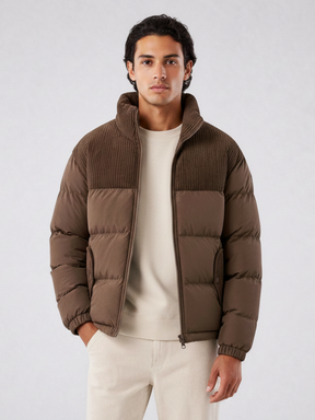 Jaqueta puffer masculina Habitat Masculino na cor café com gola alta estruturada e forro interno em lã