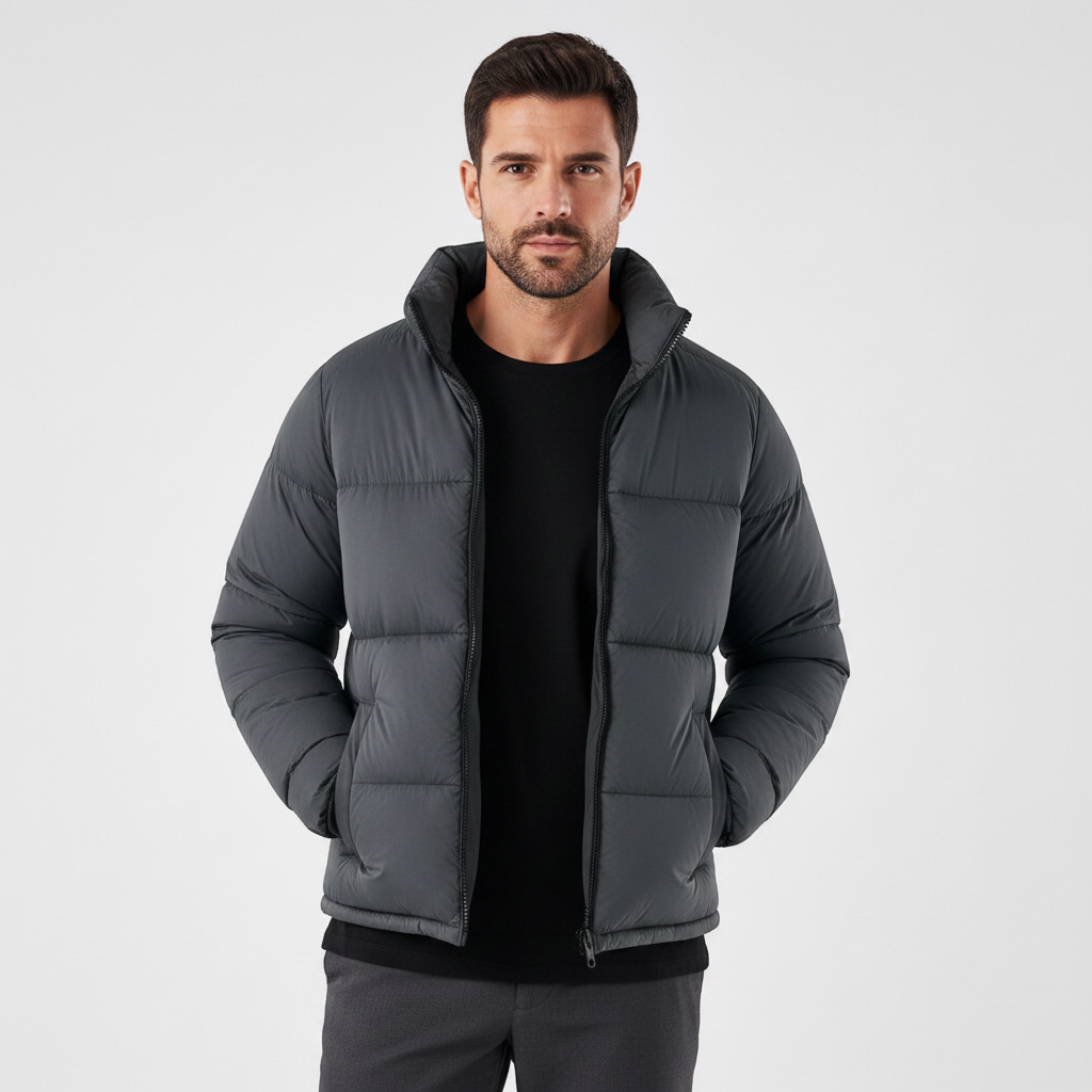 Homem vestindo jaqueta puffer cinza Habitat Masculino com gola alta, zíper frontal e bolsos impermeáveis.
