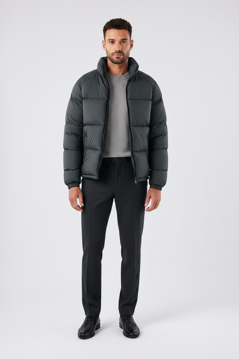 Modelo vestindo jaqueta puffer cinza escuro Habitat Masculino com gola alta, zíper e bolsos impermeáveis.