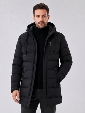 Jaqueta puffer longa preta impermeável com capuz da Habitat Masculino, modelo slim com zíper e bolsos laterais.