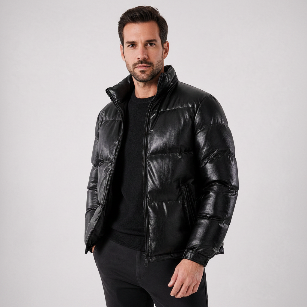 Homem vestindo jaqueta puffer preta Habitat Masculino com gola alta e zíper, sobre malha preta e calça de alfaiataria.