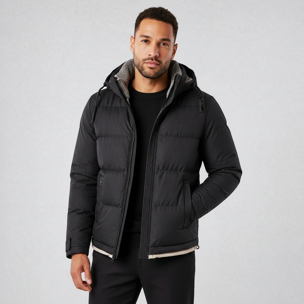 Modelo veste jaqueta puffer preta Habitat Masculino com capuz ajustável, zíper revestido e forro duplo reforçado.