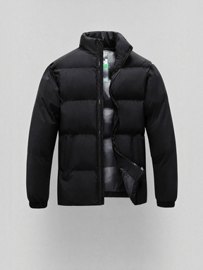 Jaqueta puffer masculina preta Habitat Masculino com gola alta, fechamento em zíper e forro impermeável