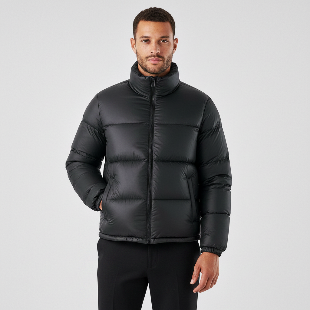 Modelo vestindo jaqueta puffer preta Habitat Masculino com gola alta, zíper frontal e bolsos impermeáveis.