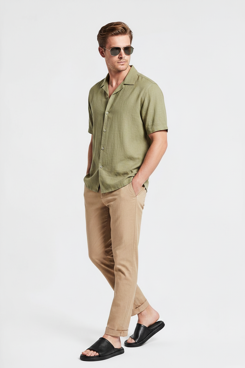 Modelo usando sandália slide preta Habitat Masculino Noto com camisa verde e calça bege em fundo neutro