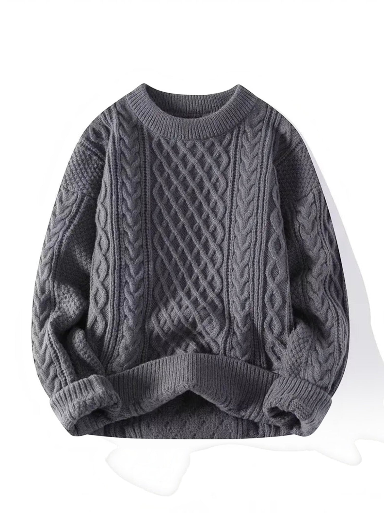 Suéter Habitat Masculino Ariezzo cinza com textura de tramas em trança e modelagem solta casual