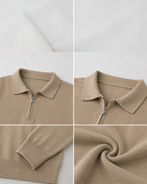 Suéter Habitat Masculino Valdieri bege em lã com gola polo e zíper frontal, detalhe da textura e punhos canelados.