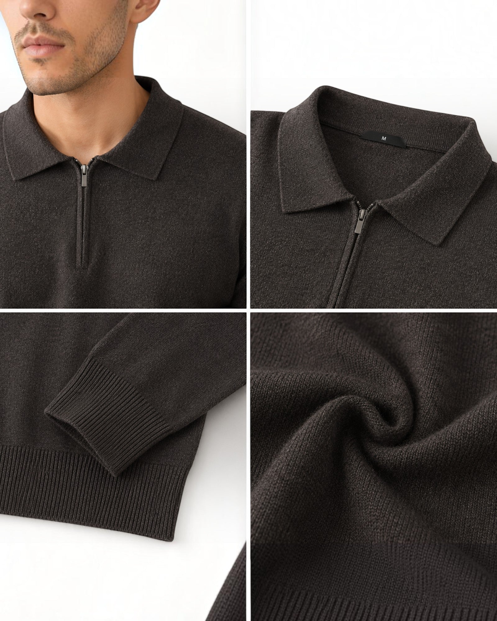 Suéter Habitat Masculino Valdieri marrom em lã com gola polo e zíper frontal, exibindo detalhes de textura e punhos.